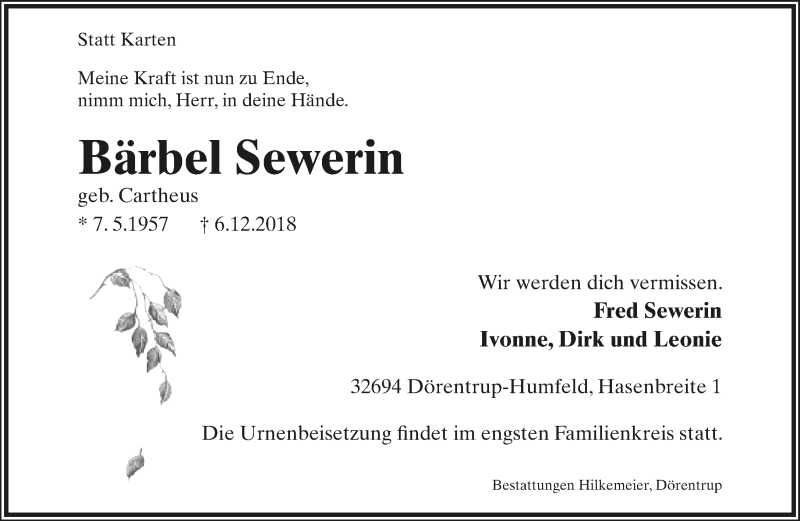  Traueranzeige für Bärbel Sewerin vom 08.12.2018 aus Lippische Landes-Zeitung