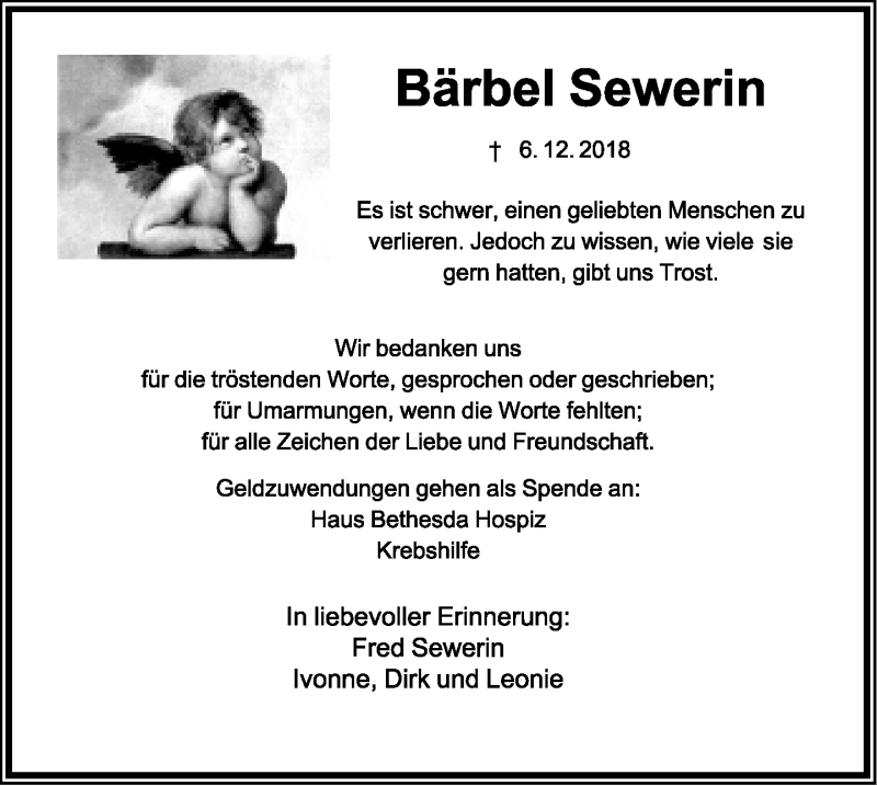  Traueranzeige für Bärbel Sewerin vom 22.12.2018 aus Lippische Landes-Zeitung