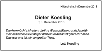 Anzeige  Dieter Koesling  Lippische Landes-Zeitung