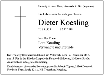 Anzeige  Dieter Koesling  Lippische Landes-Zeitung