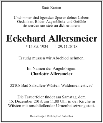 Anzeige  Eckehard Allersmeier  Lippische Landes-Zeitung