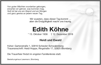 Anzeige  Edith Köhne  Lippische Landes-Zeitung
