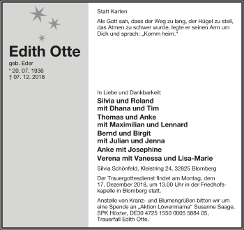 Anzeige  Edith Otte  Lippische Landes-Zeitung