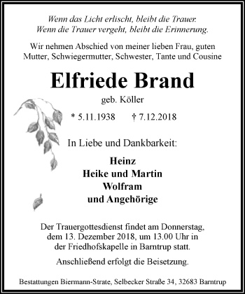 Anzeige  Elfriede Brand  Lippische Landes-Zeitung