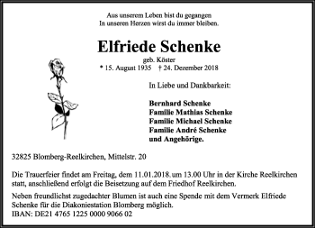 Anzeige  Elfriede Schenke  Lippische Landes-Zeitung
