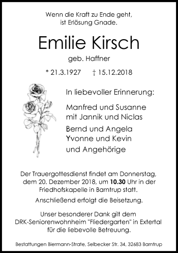 Anzeige  Emilie Kirsch  Lippische Landes-Zeitung