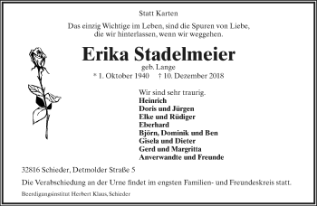 Anzeige  Erika Stadelmeier  Lippische Landes-Zeitung