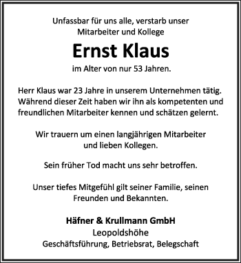 Anzeige  Ernst Klaus  Lippische Landes-Zeitung