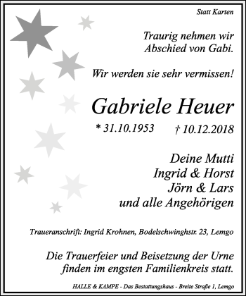 Anzeige  Gabriele Heuer  Lippische Landes-Zeitung