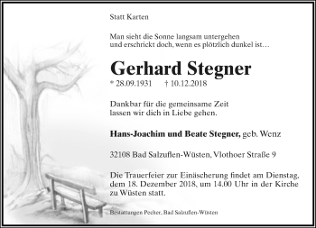 Anzeige  Gerhard Stegner  Lippische Landes-Zeitung