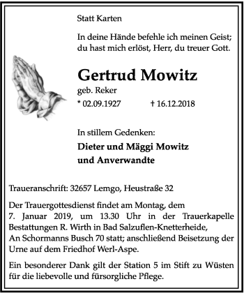 Anzeige  Gertrud Mowitz  Lippische Landes-Zeitung