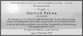 Anzeige  Gertrud Rehme  Lippische Landes-Zeitung