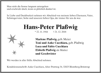 Anzeige  Hans-Peter Plaßwig  Lippische Landes-Zeitung