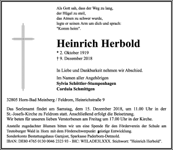 Anzeige  Heinrich Herbold  Lippische Landes-Zeitung