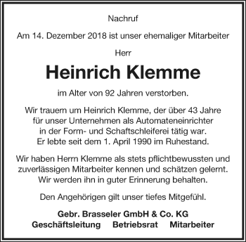 Anzeige  Heinrich Klemme  Lippische Landes-Zeitung