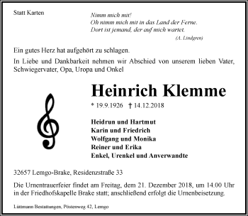 Anzeige  Heinrich Klemme  Lippische Landes-Zeitung