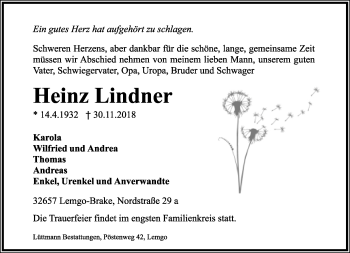 Anzeige  Heinz Lindner  Lippische Landes-Zeitung