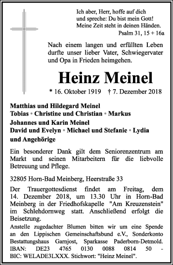 Anzeige  Heinz Meinel  Lippische Landes-Zeitung