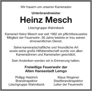Anzeige  Heinz Mesch  Lippische Landes-Zeitung
