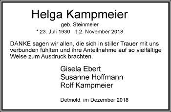 Anzeige  Helga Kampmeier  Lippische Landes-Zeitung
