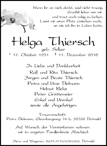 Anzeige  Helga Thiersch  Lippische Landes-Zeitung