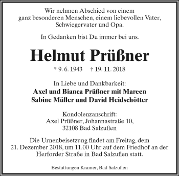Anzeige  Helmut Prüßner  Lippische Landes-Zeitung