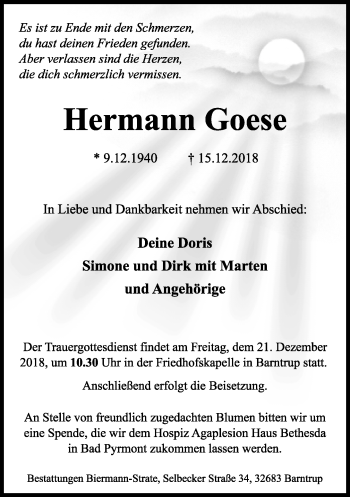 Anzeige  Hermann Goese  Lippische Landes-Zeitung