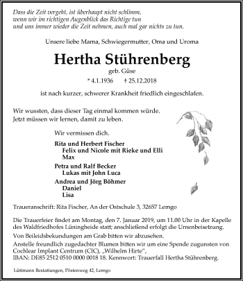 Anzeige  Hertha Stührenberg  Lippische Landes-Zeitung