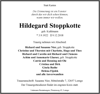 Anzeige  Hildegard Stoppkotte  Lippische Landes-Zeitung