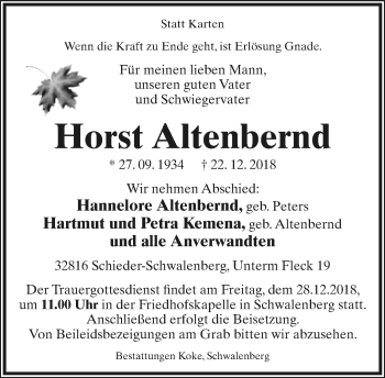Anzeige  Horst Altenbernd  Lippische Landes-Zeitung
