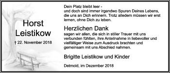 Anzeige  Horst Leistikow  Lippische Landes-Zeitung