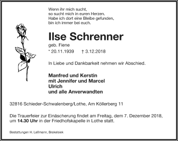 Anzeige  Ilse Schrenner  Lippische Landes-Zeitung