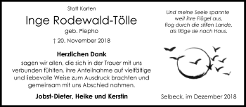 Anzeige  Inge Rodewald-Tölle  Lippische Landes-Zeitung