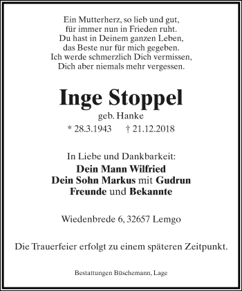 Anzeige  Inge Stoppel  Lippische Landes-Zeitung
