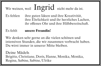 Anzeige  Ingrid Sander  Lippische Landes-Zeitung