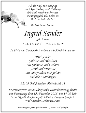 Anzeige  Ingrid Sander  Lippische Landes-Zeitung