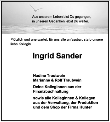 Anzeige  Ingrid Sander  Lippische Landes-Zeitung
