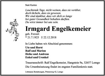 Anzeige  Irmgard Engelkemeier  Lippische Landes-Zeitung
