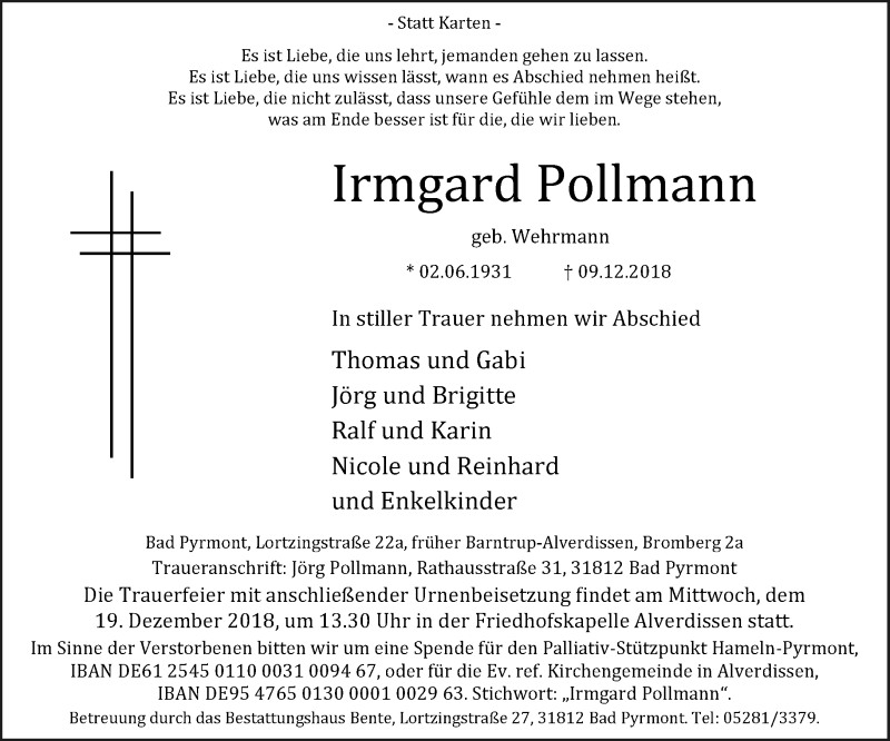  Traueranzeige für Irmgard Pollmann vom 15.12.2018 aus Lippische Landes-Zeitung