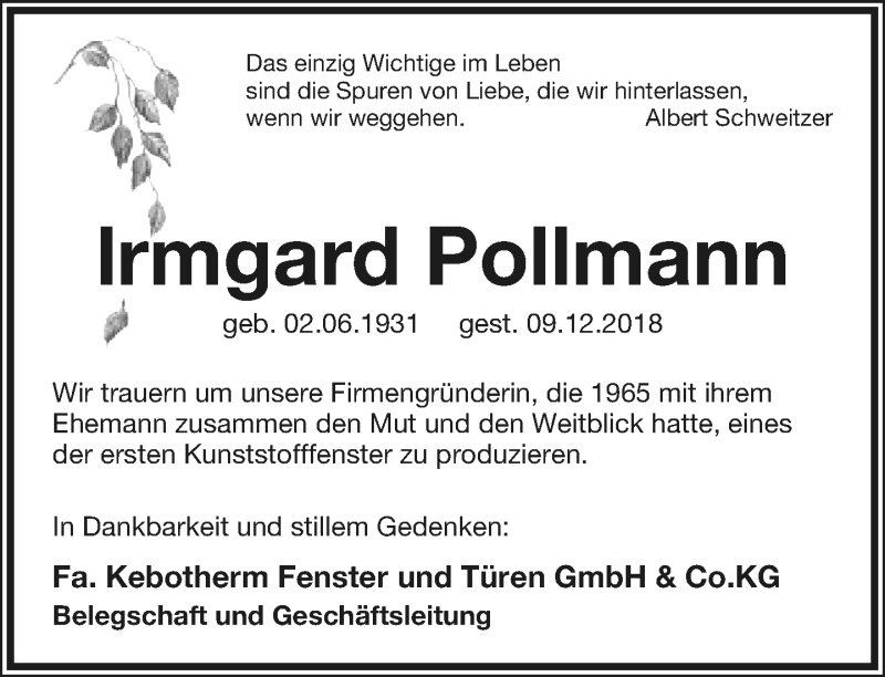  Traueranzeige für Irmgard Pollmann vom 15.12.2018 aus Lippische Landes-Zeitung