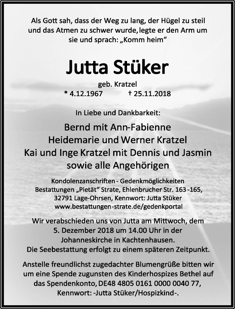  Traueranzeige für Jutta Stüker vom 01.12.2018 aus Lippische Landes-Zeitung