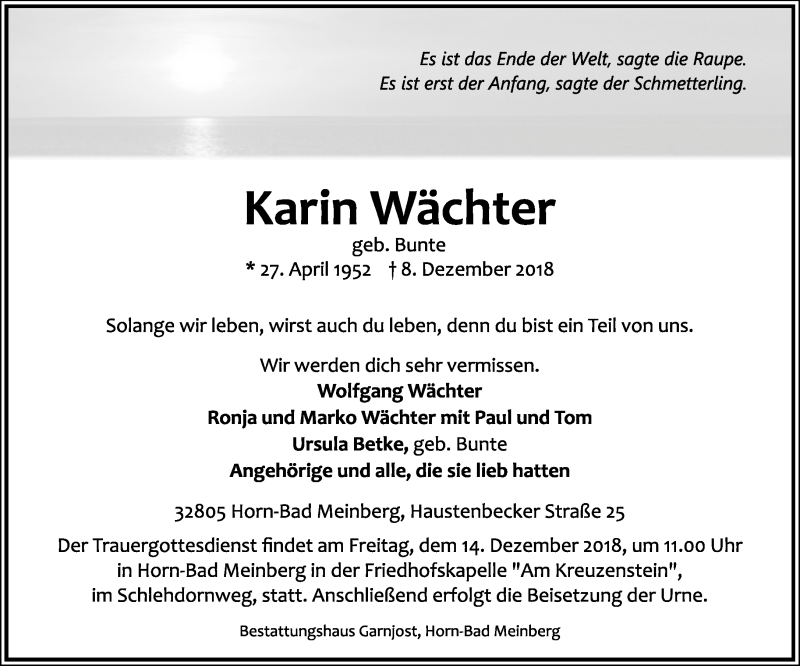  Traueranzeige für Karin Wächter vom 11.12.2018 aus Lippische Landes-Zeitung