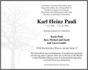 Anzeige  Karl Heinz Pauli  Lippische Landes-Zeitung