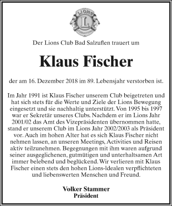 Anzeige  Klaus Fischer  Lippische Landes-Zeitung
