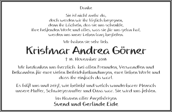 Anzeige  Kristmar Andrea Görner  Lippische Landes-Zeitung