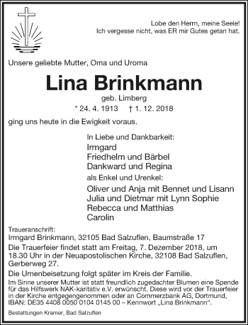 Anzeige  Lina Brinkmann  Lippische Landes-Zeitung