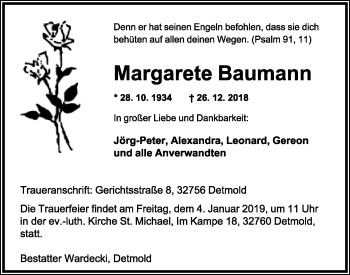Anzeige  Margarete Baumann  Lippische Landes-Zeitung