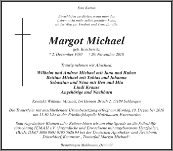 Anzeige  Margot Michael  Lippische Landes-Zeitung