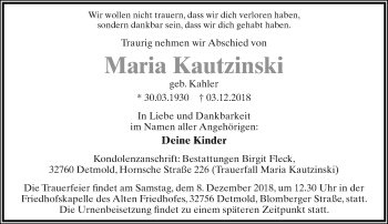Anzeige  Maria Kautzinski  Lippische Landes-Zeitung