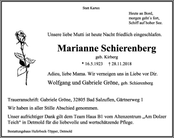 Anzeige  Marianne Schierenberg  Lippische Landes-Zeitung